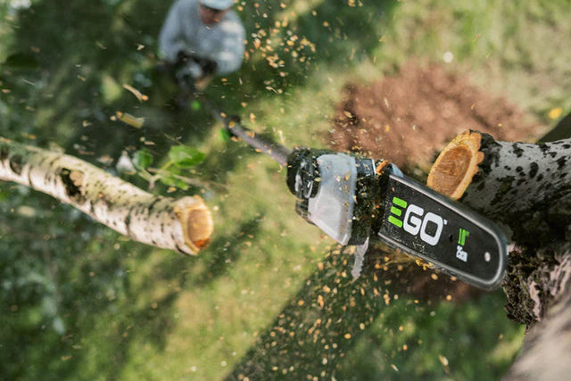 EGO telescopic pole saw cutting tree limbs safely from the ground